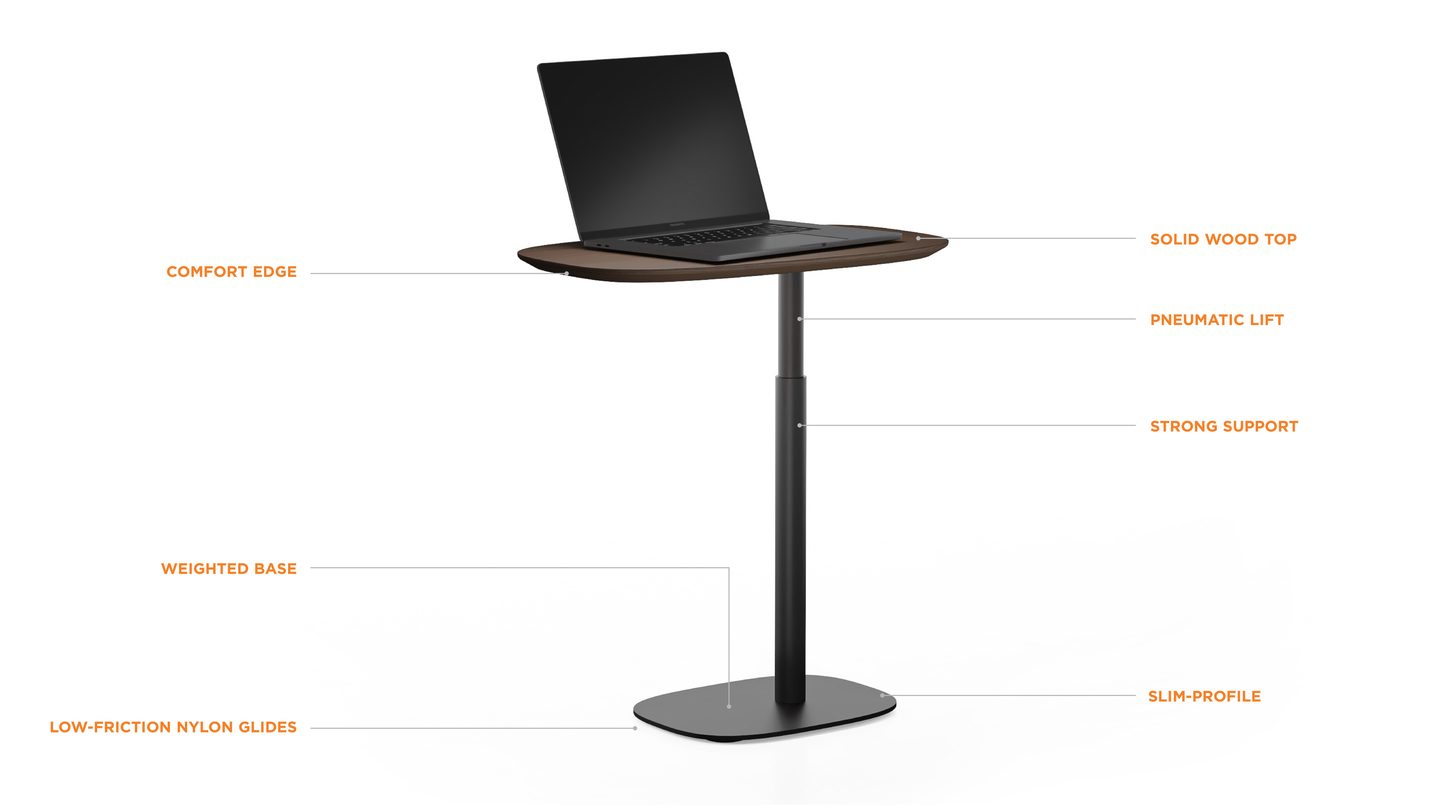 BDI Serif 1046 Lift-Top Laptop Stand and End Table in Toasted Oak, showcasing adjustable height and features.
