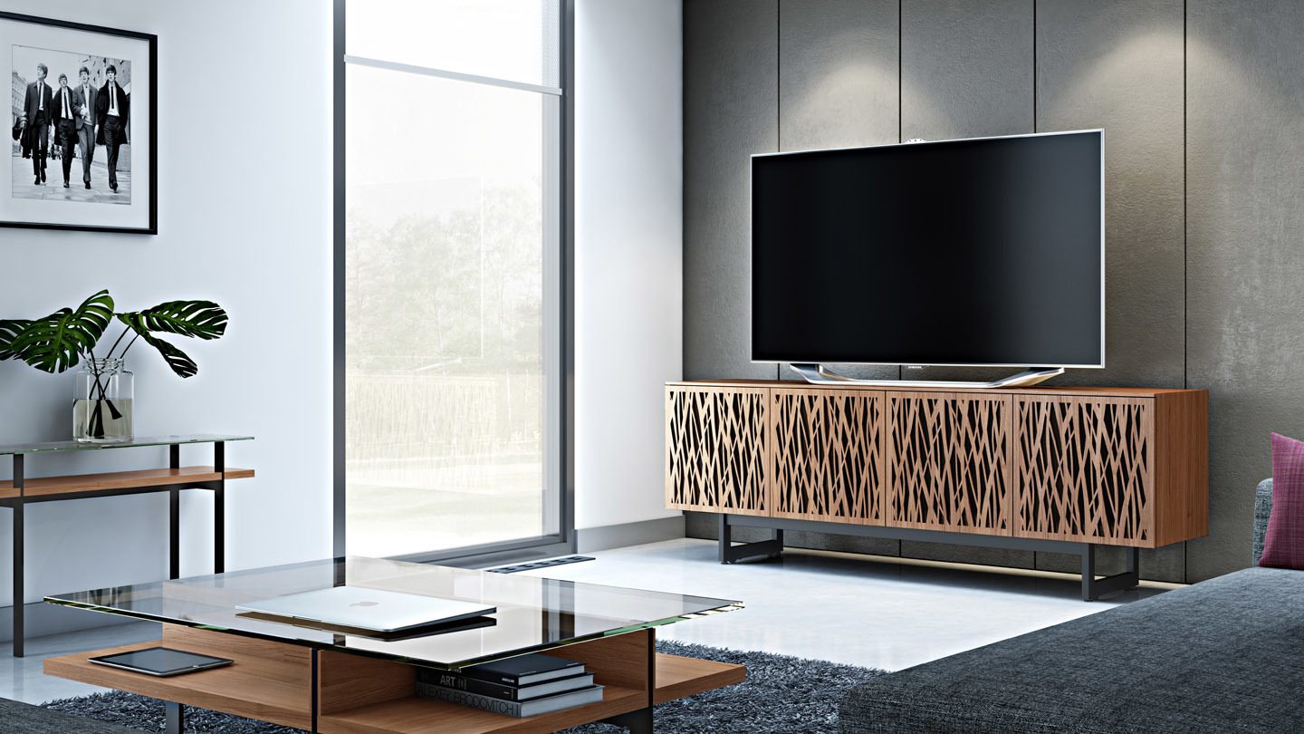 BDI Elements modern entertainment cabinet, featuring Wheat door pattern and natural walnut finish.
