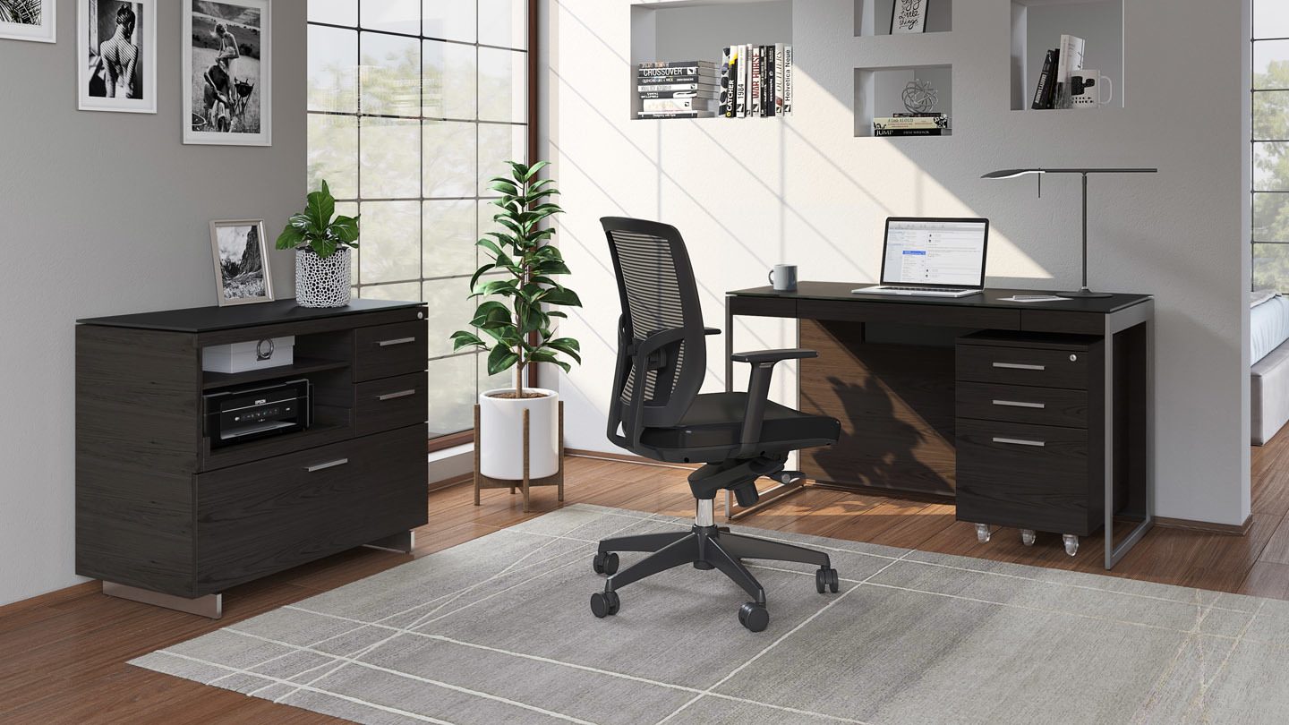 BDI Sequel 20 modern office collection. Small home office shown in a bedroom.