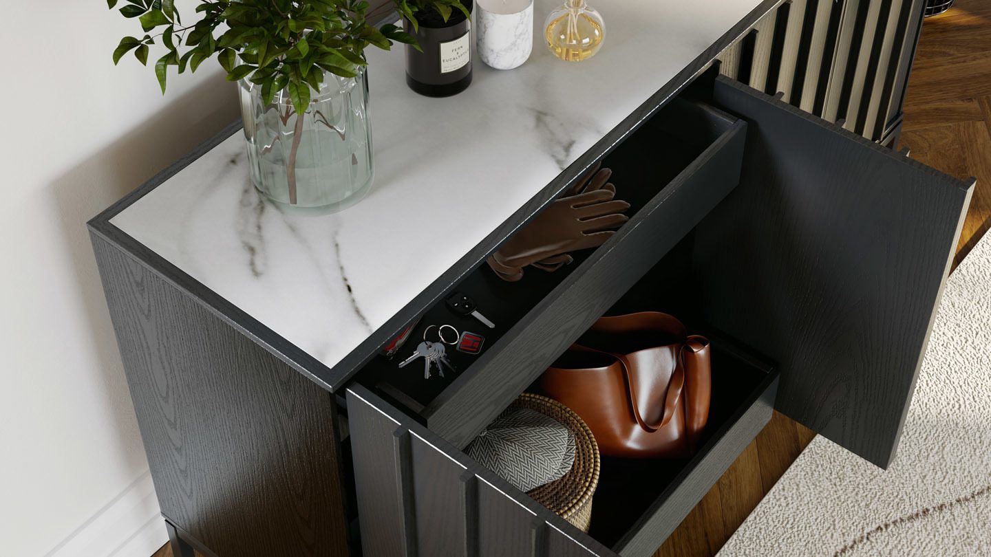 BDI Cosmo sideboard with marble counter top and storage for everyday kitchen essentials, including appliances.