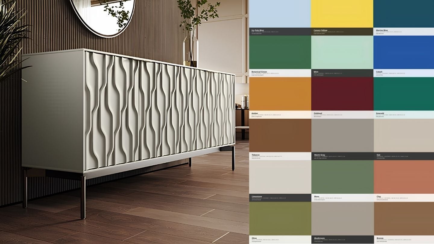 BDI Mesa cabinet with sculpted doors beside a palette of warm and vibrant 2026 color trends.