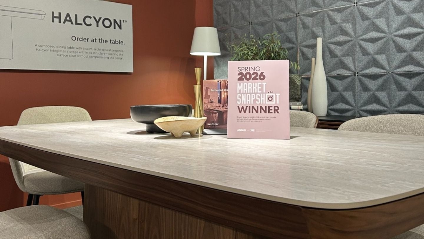 BDI Halcyon dining table displayed at Spring 2026 High Point Market with its Market Snapshot Winner award.