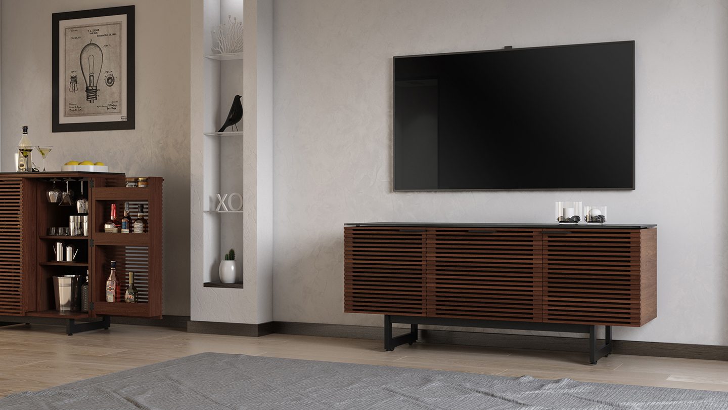Corridor modern TV stand and home bar by BDI furniture.