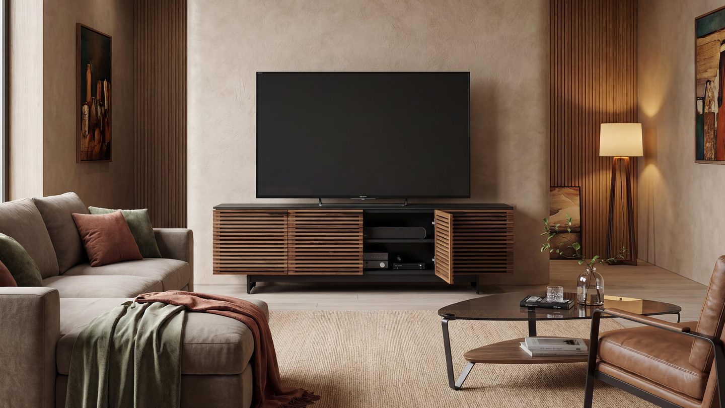 BDI Corridor 8179 media cabinet in natural walnut with louvered doors opened to reveal AV storage, styled with a Dino coffee table in a warm, contemporary space.