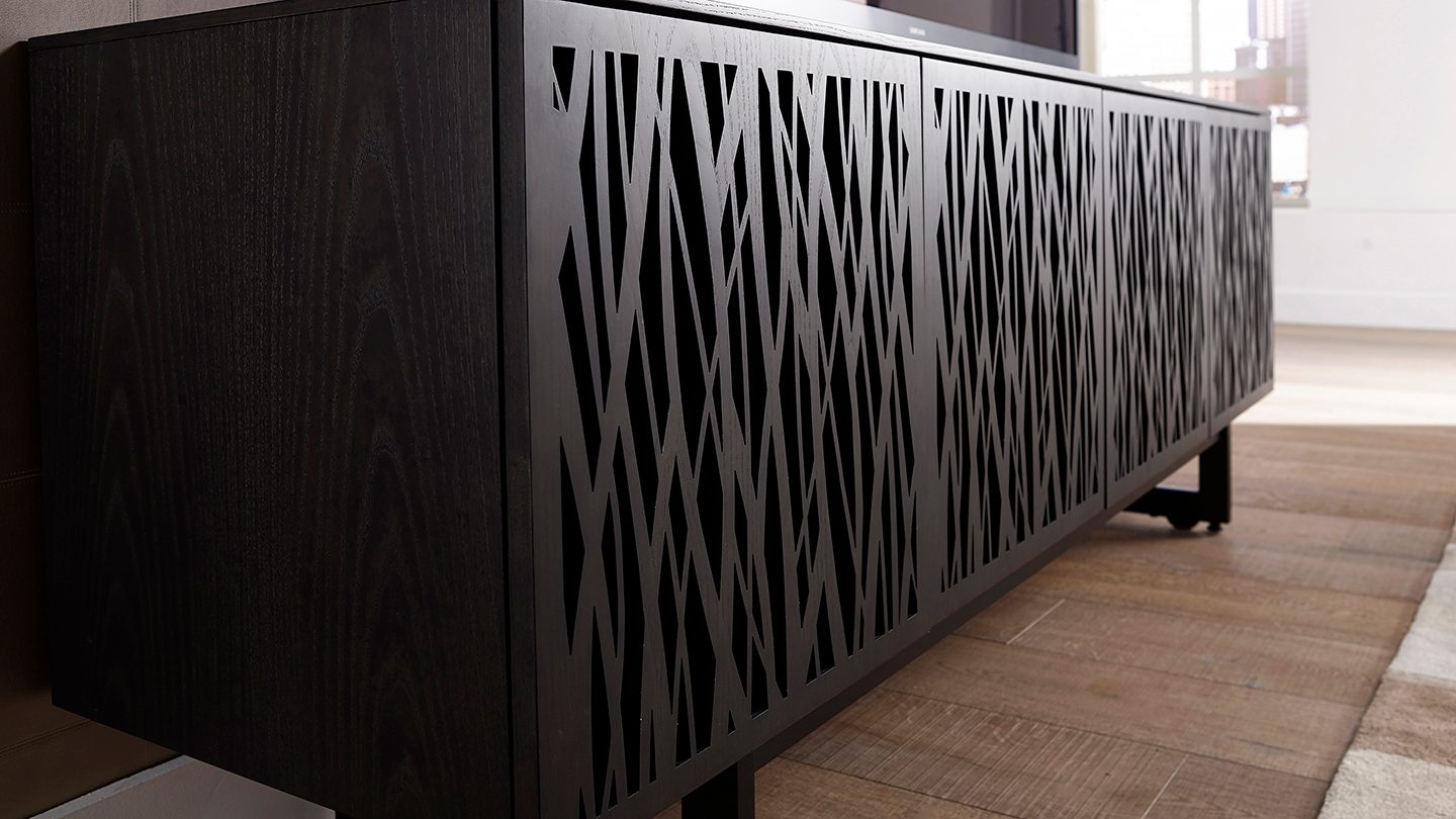 BDI Elements media cabinets features nature inspired laser cut door patterns that promote natural airflow, and are remote friendly and acoustically transparent.