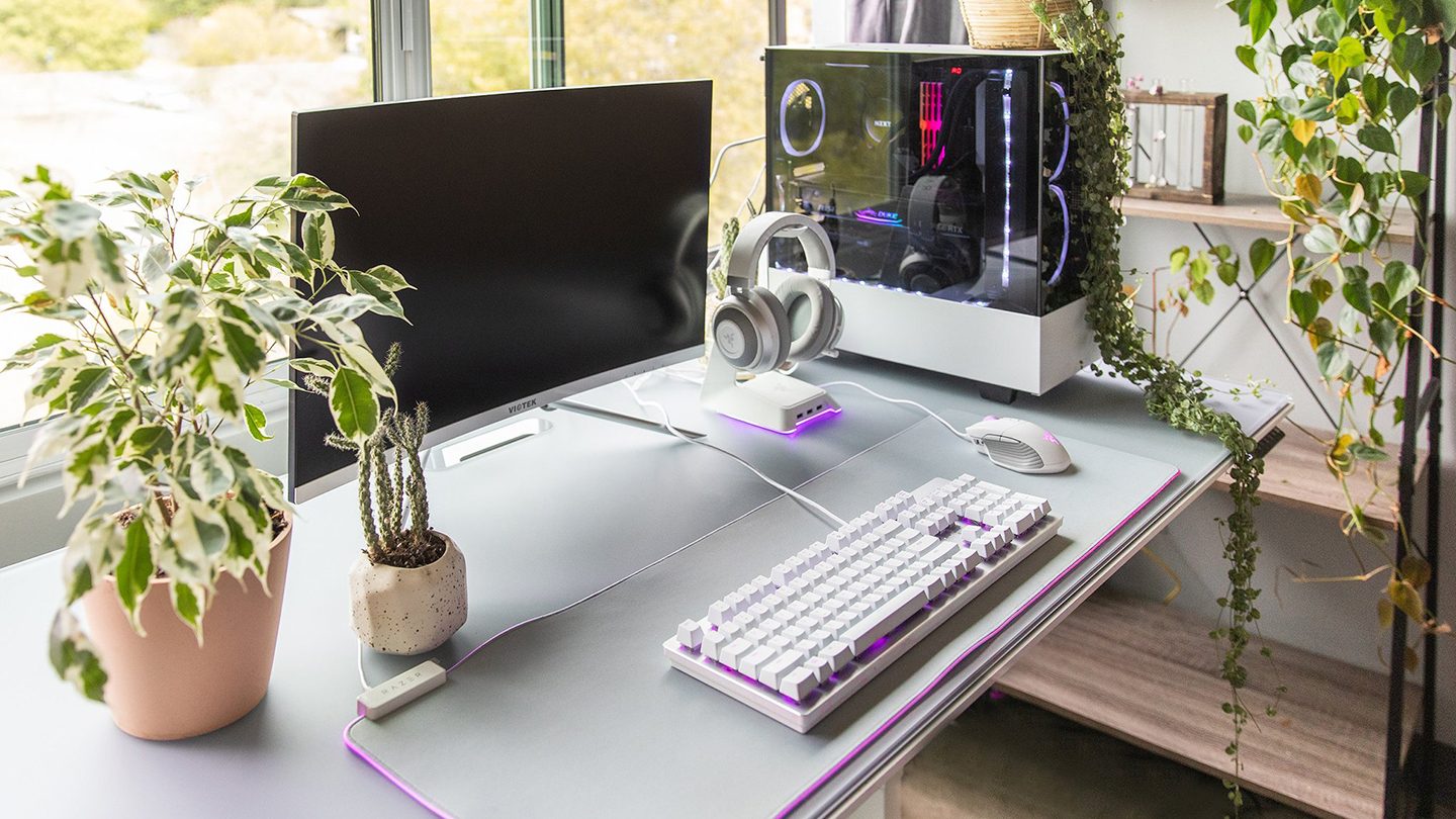 Ava GG BDI Centro 6452 Standing Desk Modern White Gaming Setup. Photo credit Shelby Bella.