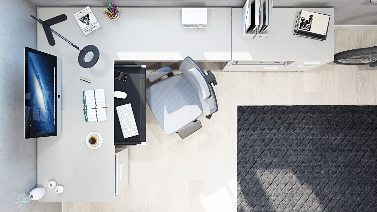 The Centro office collection includes an assortment of built-in cable management solutions and features.