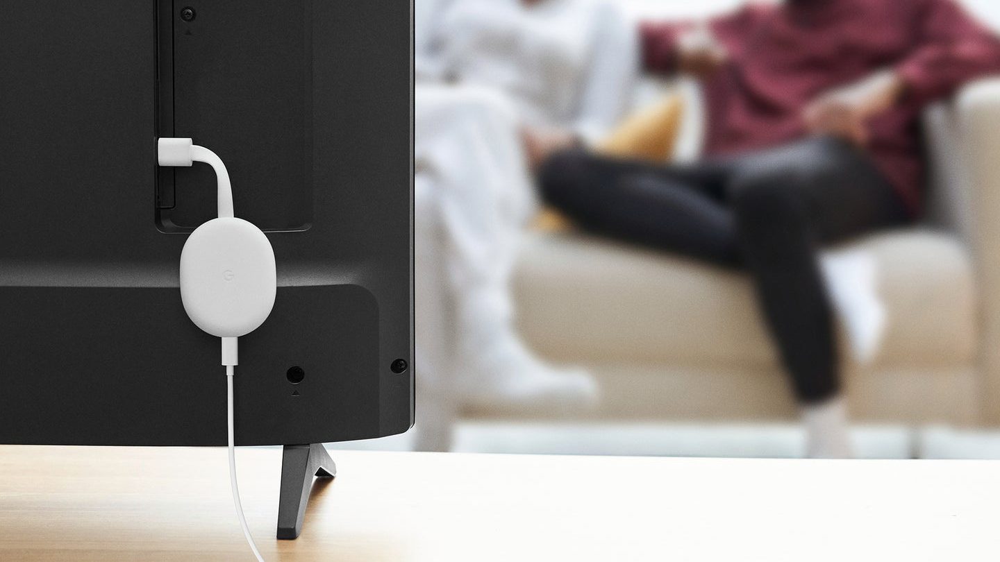 Image of the Chromecast with Google TV dongle attached to a television for cord cutters.