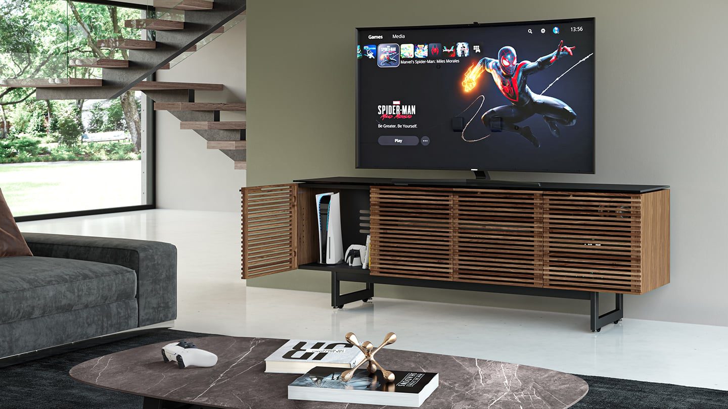 BDI Corridor 8179 shown with cabinet door open, revealing a vertically placed PS5 gaming console.