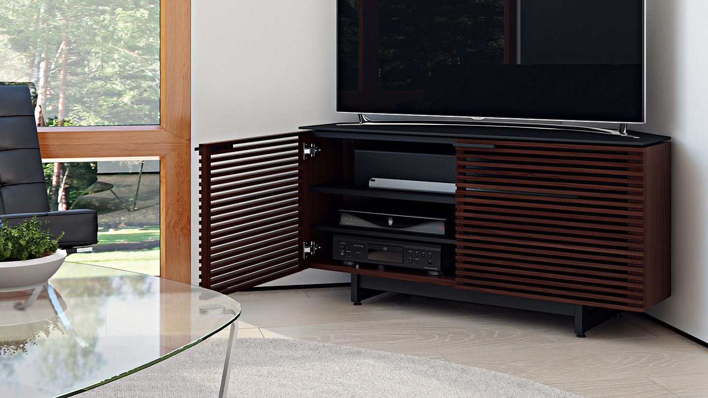 Corridor corner tv stand 8175 bdi ventilated door keep electronics cool