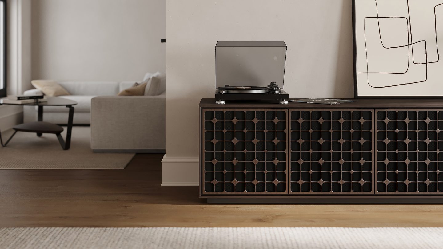 Modern BDI Elements media and storage cabinet with Constellation door pattern concealing audio equipment and cables, keeping technology organized and visually uncluttered.