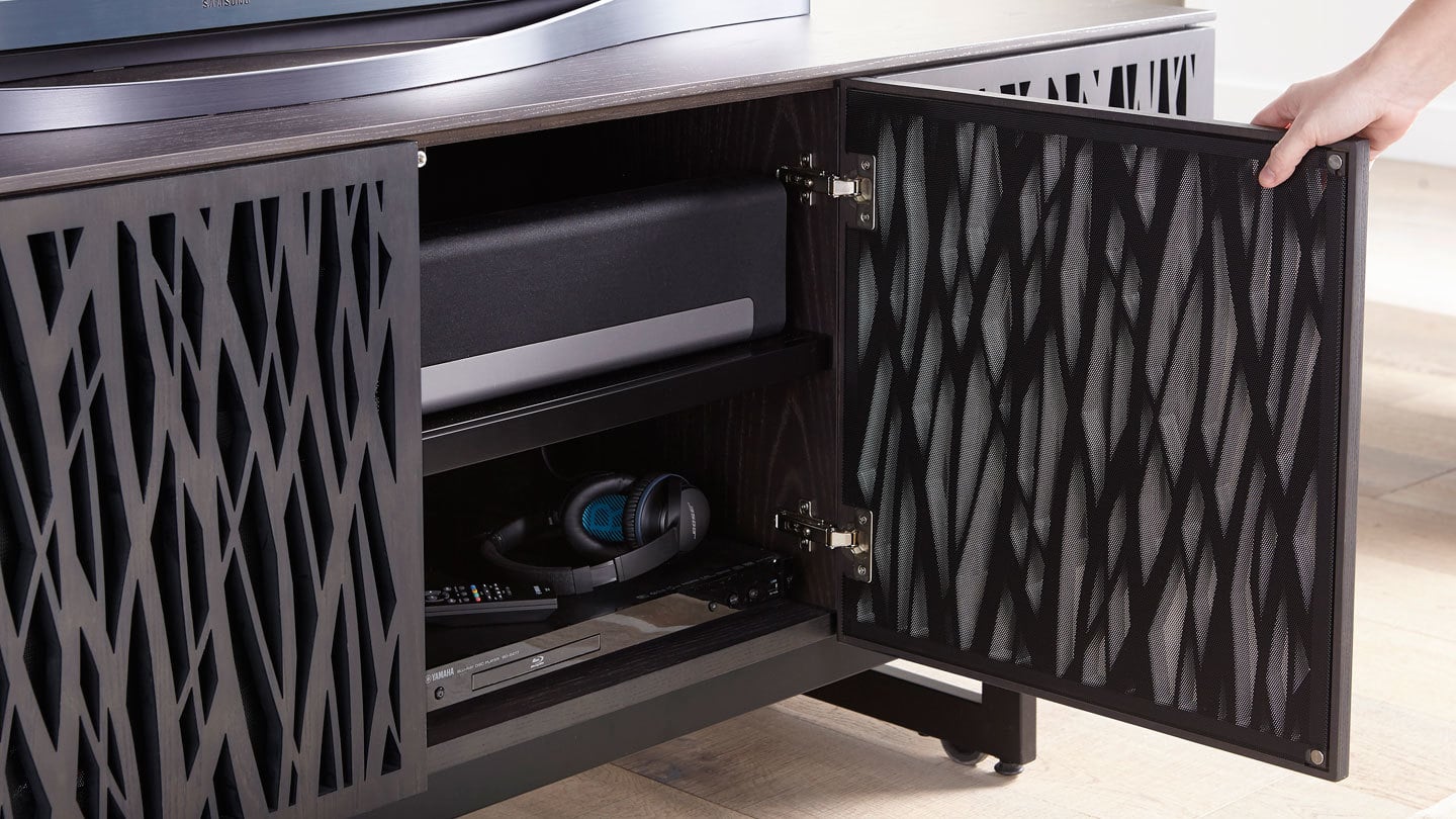 The Elements media cabinet and TV stand features an integrated soundbar shelf that allows for sound pass-through behind closed doors.