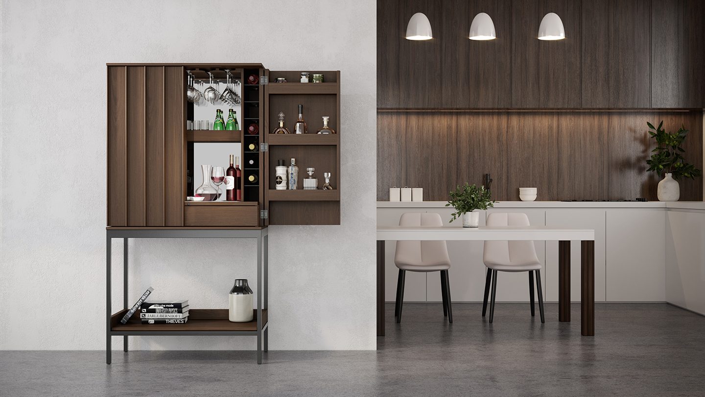 BDI Cosmo standing bar cabinet in Toasted Walnut.