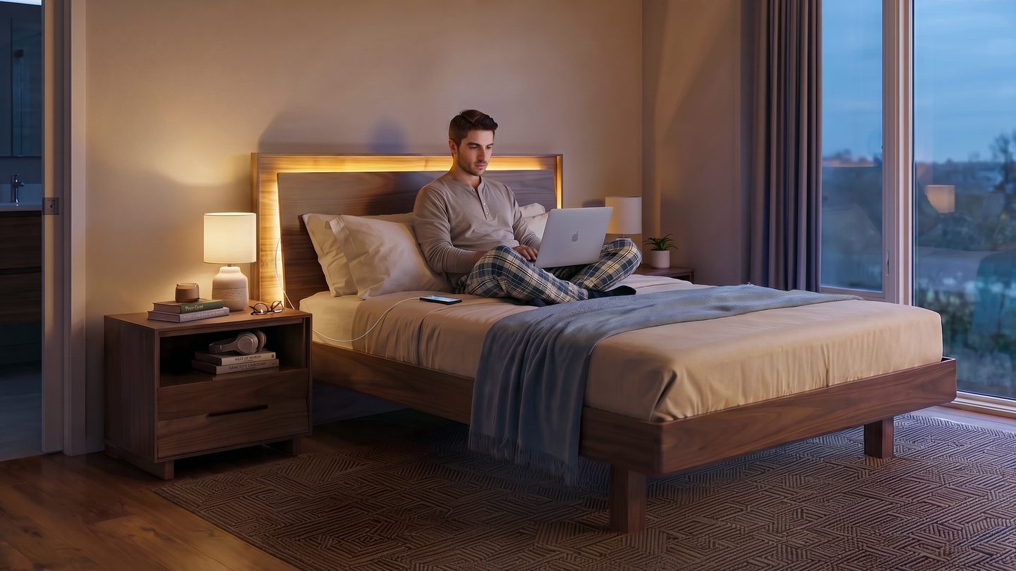 man working on his computer on a bed with integrated lighting and power to charge his cell phone.