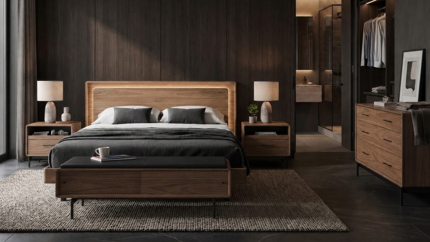 Linq bedroom collection BDI walnut modern bed storage design story hero 1440 810