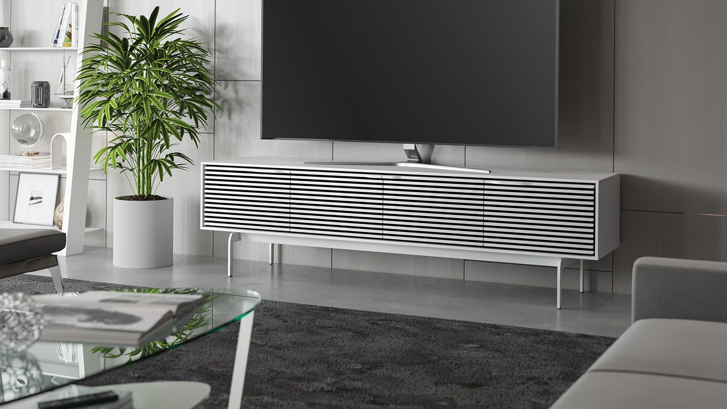 Modern living space blog bdi furniture align white TV stand hero 1440