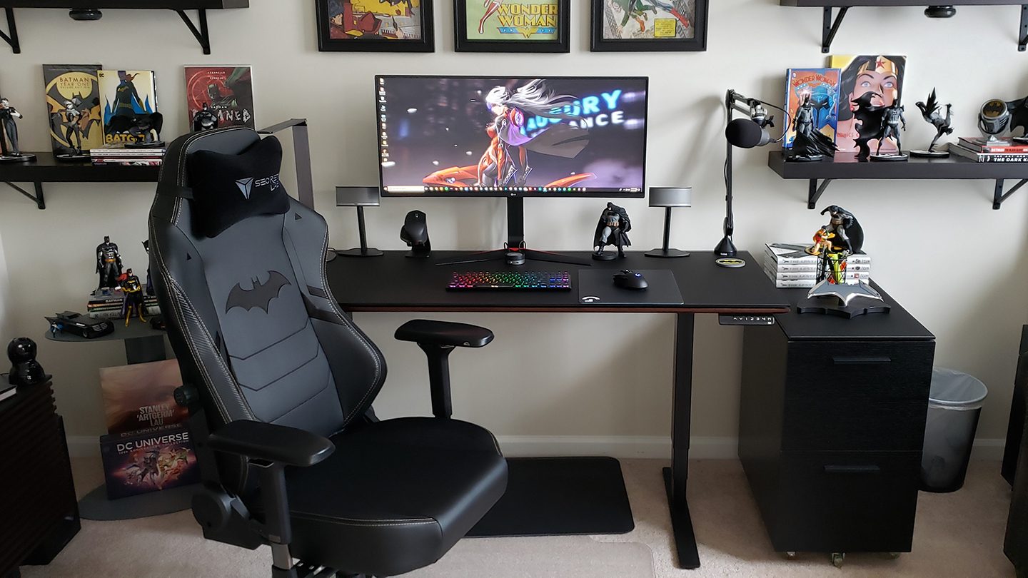 BDI Sequel 6152 standing desk PC gaming setup with Dark Knight Batman gaming chair by Secretlab.