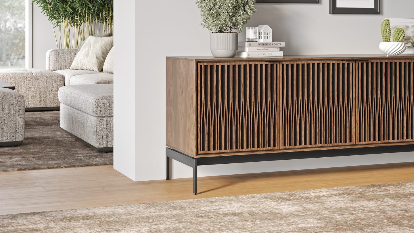BDI Elements 8709 media and storage console in Natural Walnut finish, featuring the distinctive Tune door pattern with intricate geometric designs, blending style and function in a modern setting.