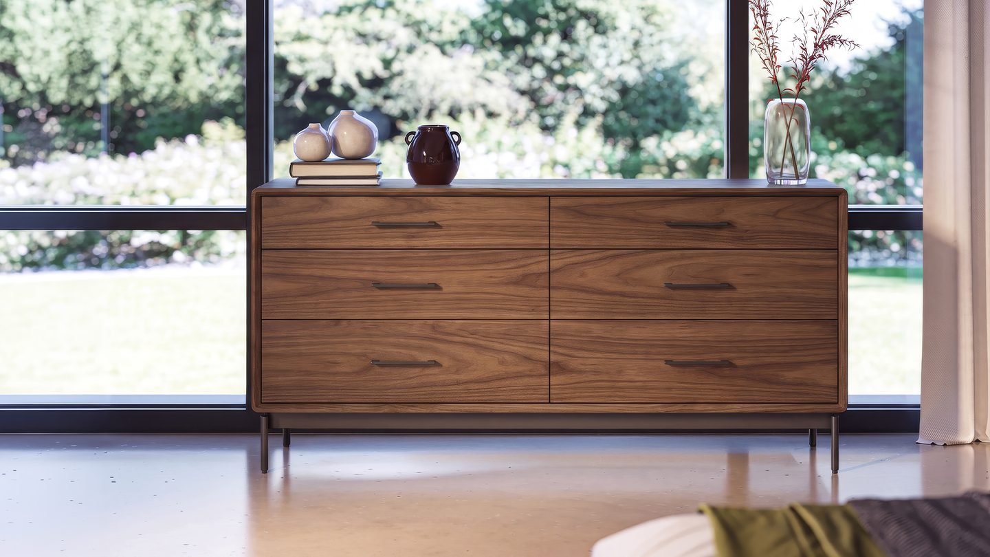 six drawer dresser with natural hardwood and hardwood veneer in natural walnut with sturdy black steel base