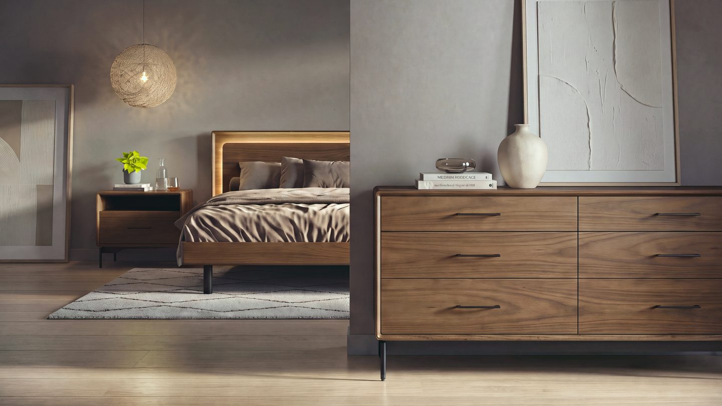 natural walnut clothing storage with a sturdy footprint and a rich wood finish