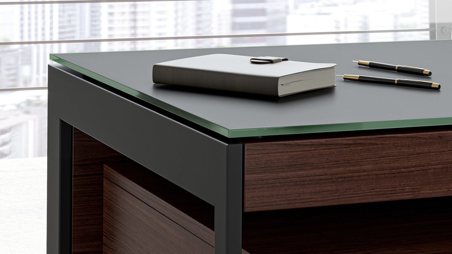 Satin-etched tempered glass desk top surface on the Sequel 6101 modern office desk by BDI.