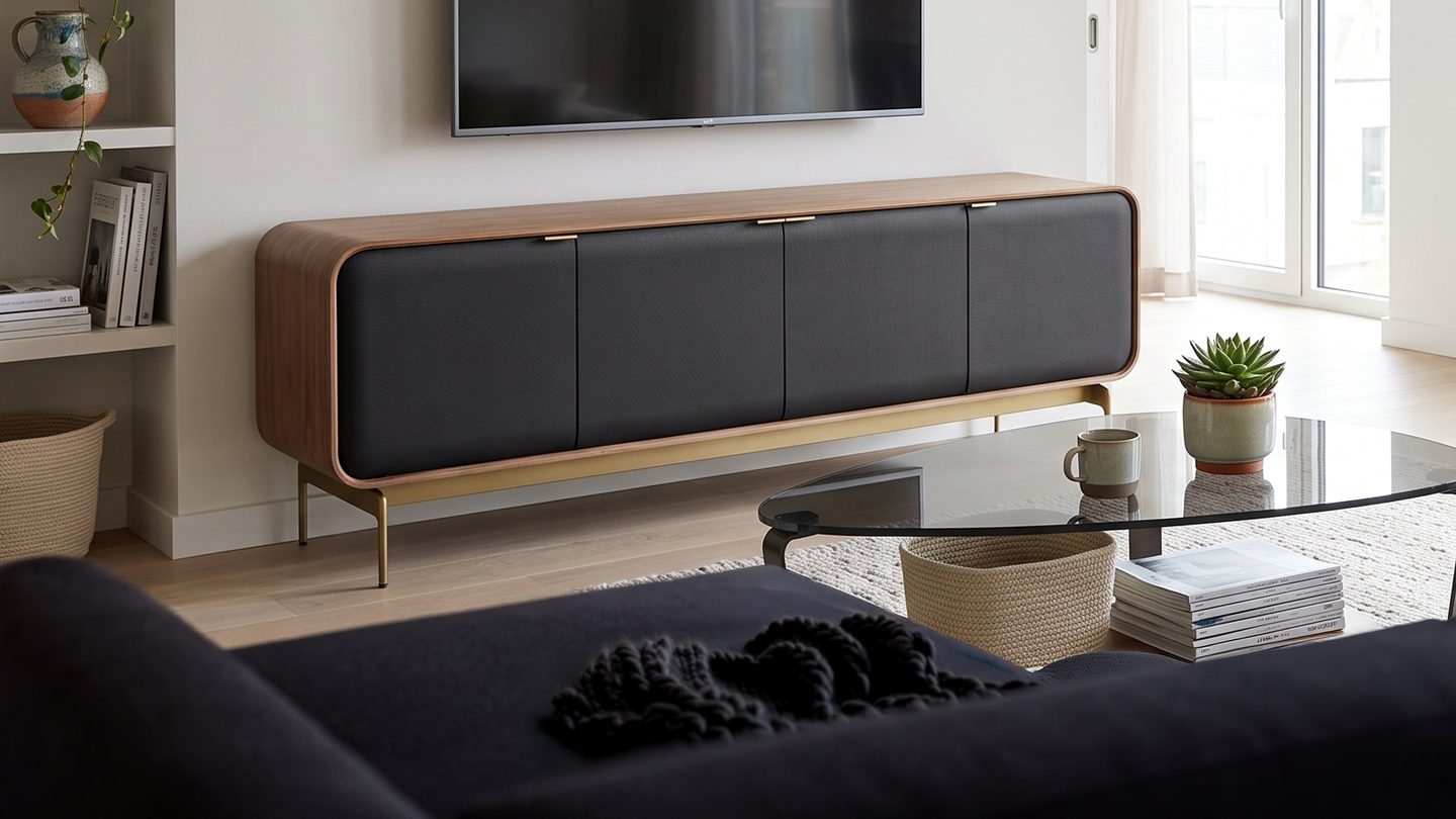 modern home theater cabinet with walnut wood panels, bronze details, black fabric acoustic doors for integrated soundbar speaker storage. TV furniture.
