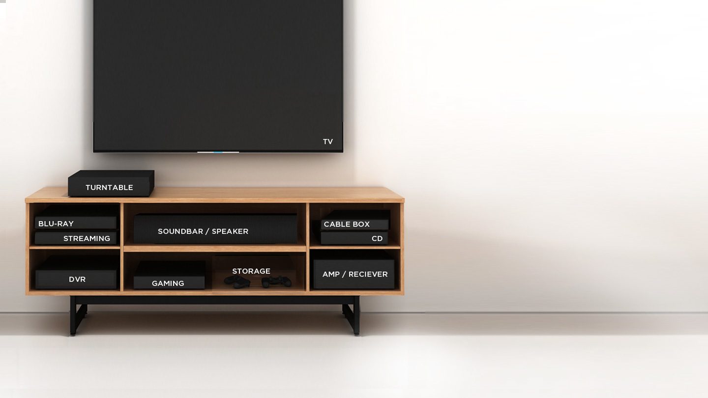 When it comes to your setup, consider upgrading your media console to one that offers features designed to extend the life of your components inside, while looking good doing it. Determine the space you need to store your system by taking stock of your electronics, including speakers, cable box, streaming devices, Blu-Ray, etc.
