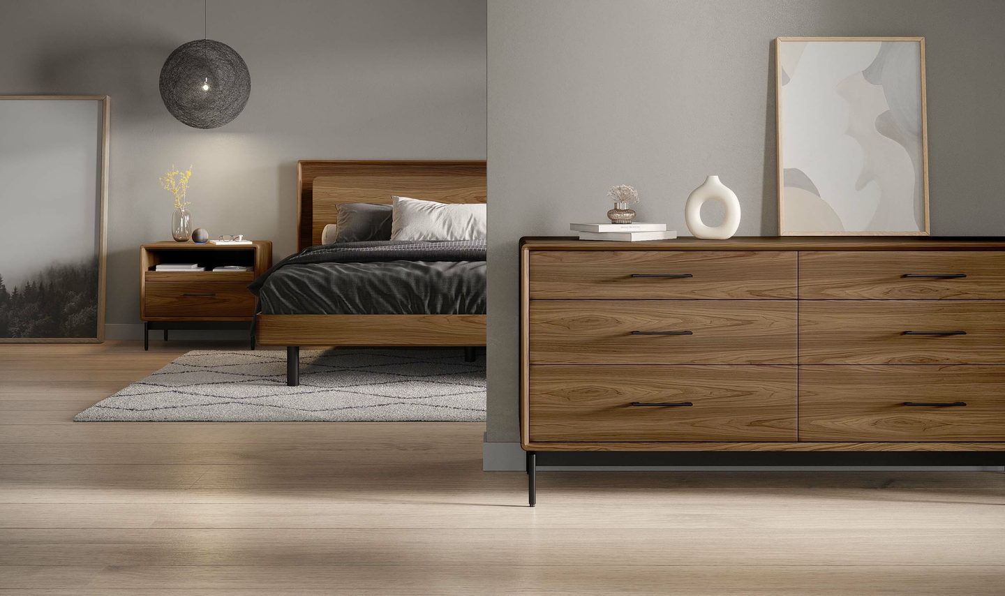 LINQ Modern Bedroom Furniture Collection by BDI, showing a 6-drawer dresser, King size bed, and night side table in natural walnut finish.