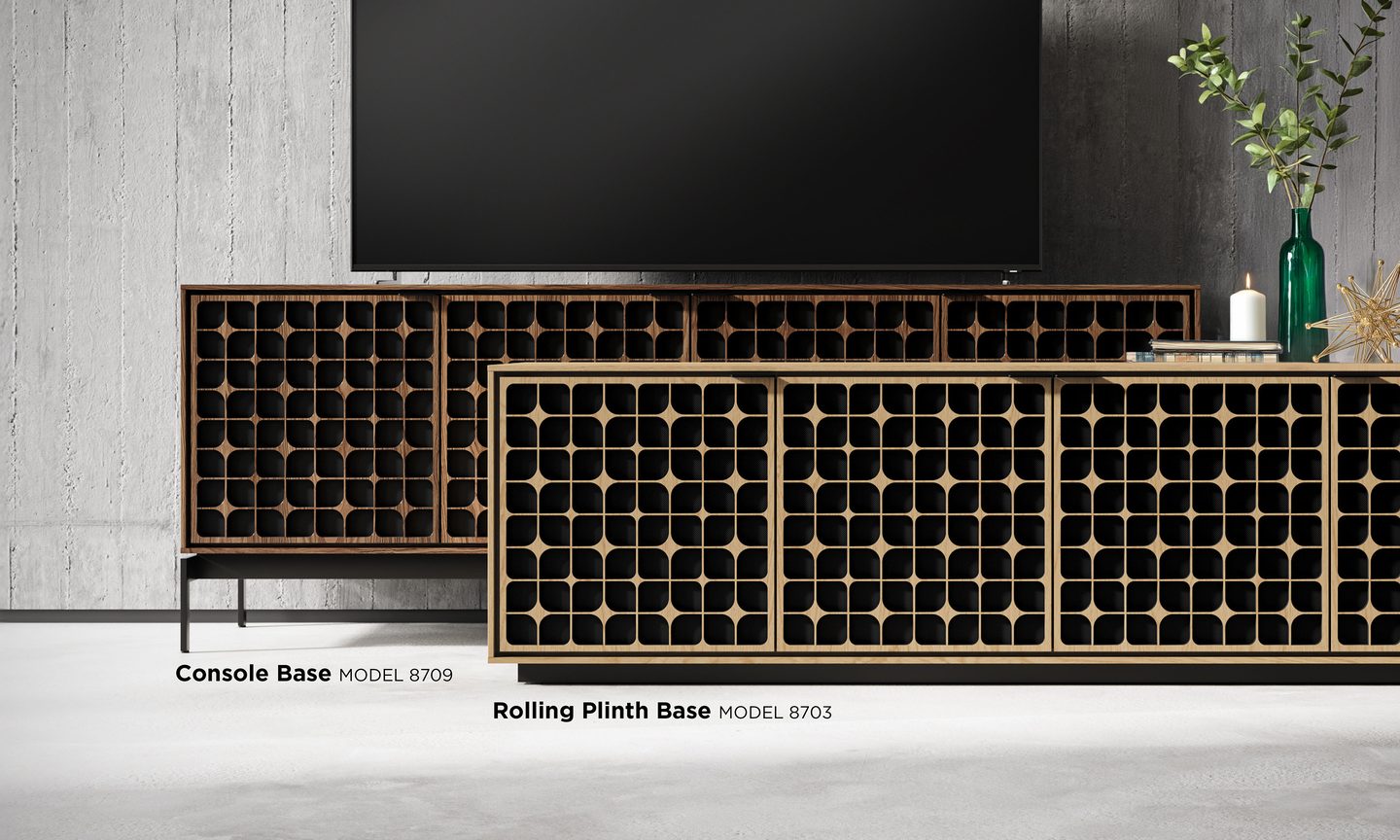 Image comparing the available console and rolling plinth base for the Constellation door pattern for the Elements modern media and storage cabinet by BDI furniture.