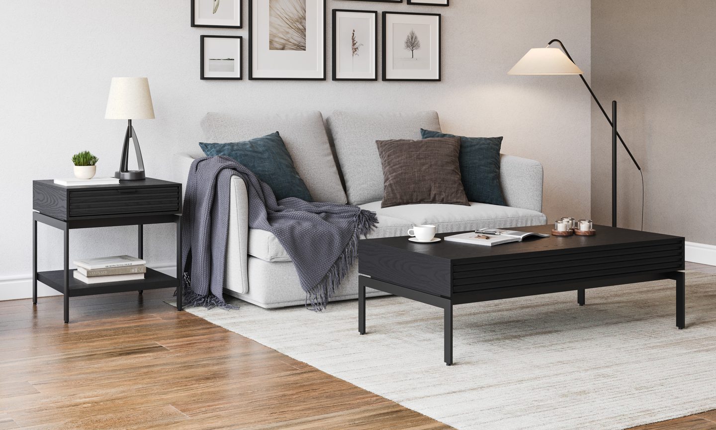 Cora modern table collection BDI furniture ebonized ash charcoal occasional tables spotlight 1920