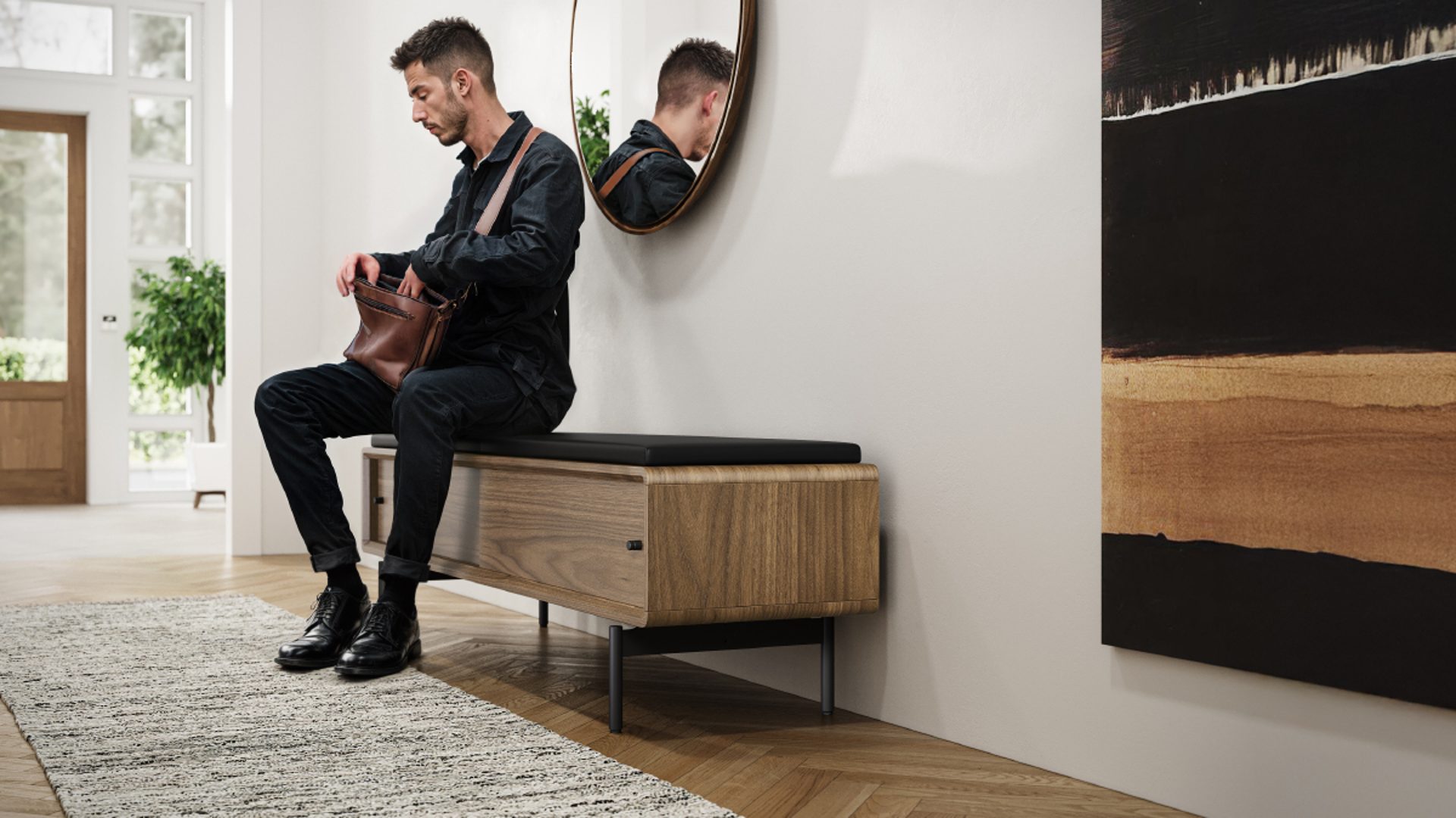 LINQ bench BDI 9102 leather black upholstered storage bench PE WL subcategory hero