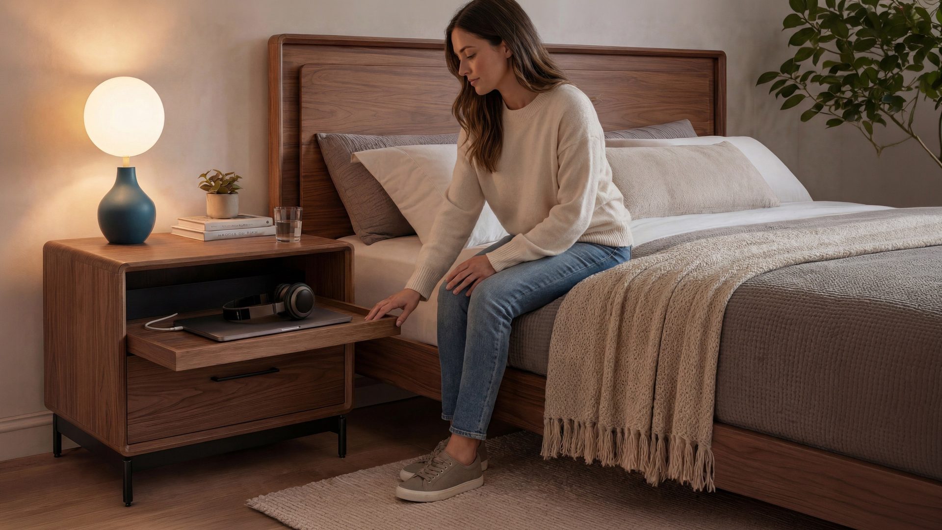 A smart nightstand that has a sliding tray and built in power for charging of devices