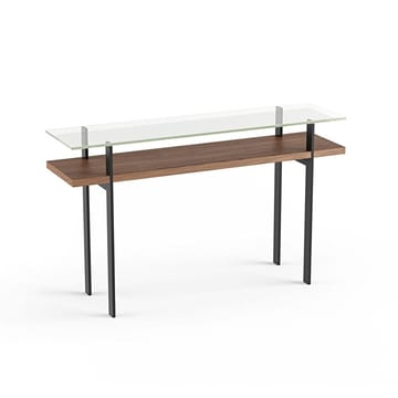 The elegant Terrace Console Table by BDI in walnut with tempered glass top and lower shelf