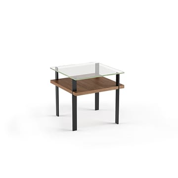 The Terrace End Table by BDI in walnut tempered glass surface with lower wood shelf