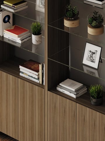 Linea shelf BDI glass shelf detail Natural Walnut collection page display space 360 480
