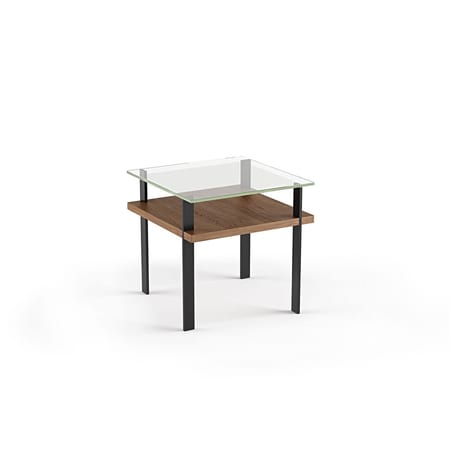 The Terrace End Table by BDI in walnut tempered glass surface with lower wood shelf