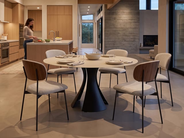 Close-up of the Bloom 7722 60-inch round dining table by BDI, highlighting the Oyster satin-etched glass top and Black sculptural steel base in a modern kitchen.