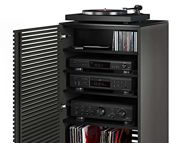 The Corridor 8172 ventilated AV, audio, and stereo tower in charcoal finish.