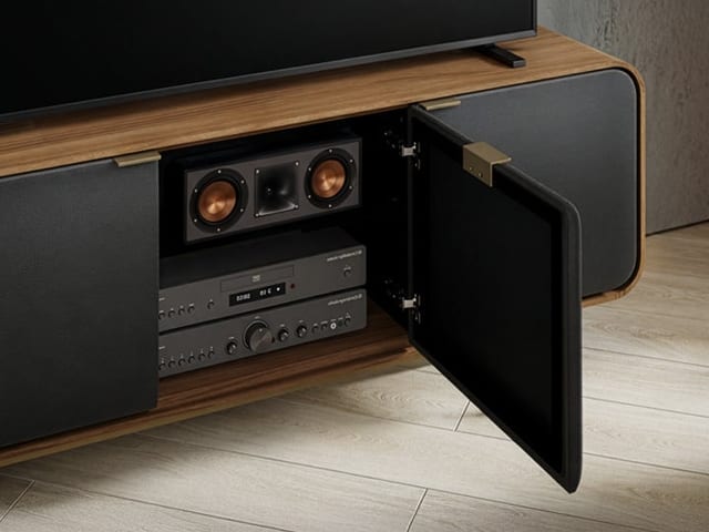 BDI Plume media cabinet in Natural Walnut with open acoustic door revealing speakers and media components.