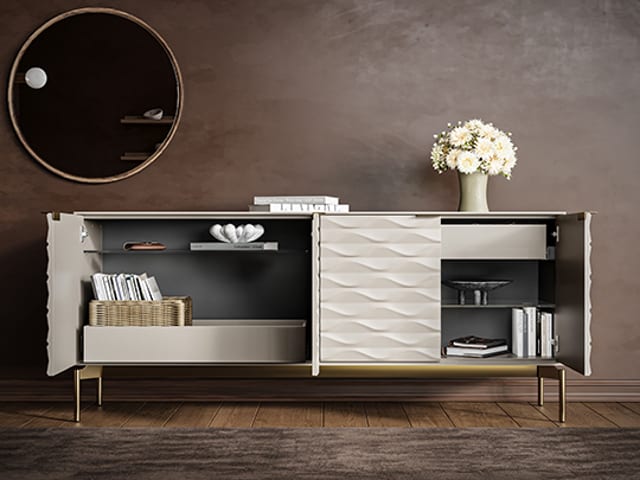 Ripple credenza 7629 BDI stone grey brushed brass modern storage console adjustable shelves 540 405