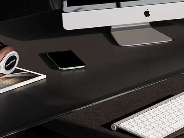 Satin etched matte black tempered glass desktop surface of the BDI Corridor 6531 L-Shaped Desk.