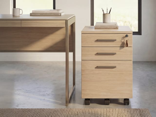 BDI Sequel Studio 6607 close-up of storage drawers and bronze hardware detail