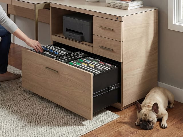 Close-up of the BDI Sequel Studio multifunction storage cabinet with the bottom file drawer extended, showing letter and legal hanging files as a person sorts through documents.