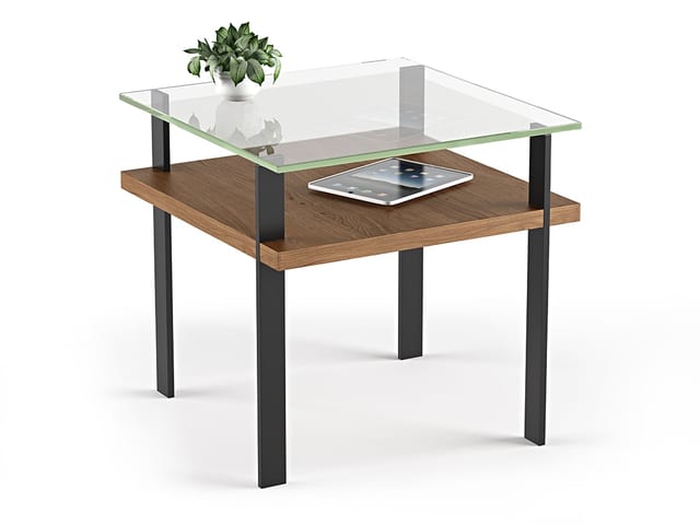 The Terrace End Table by BDI in walnut tempered glass surface with lower wood shelf