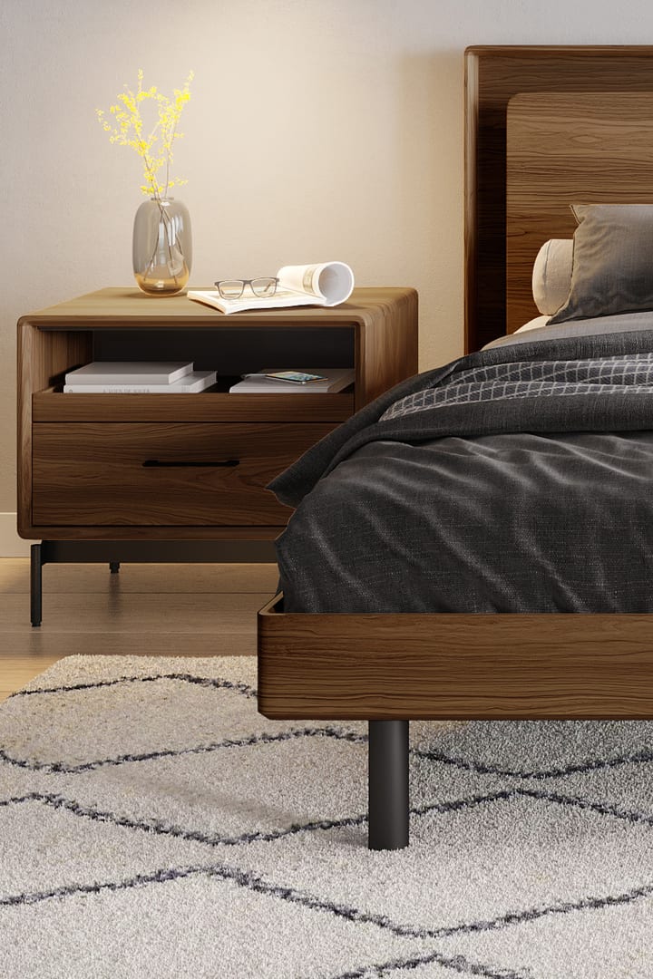 Linq bed 9119 king BDI walnut modern platform bed lifestyle adjustable height frame 720 1080