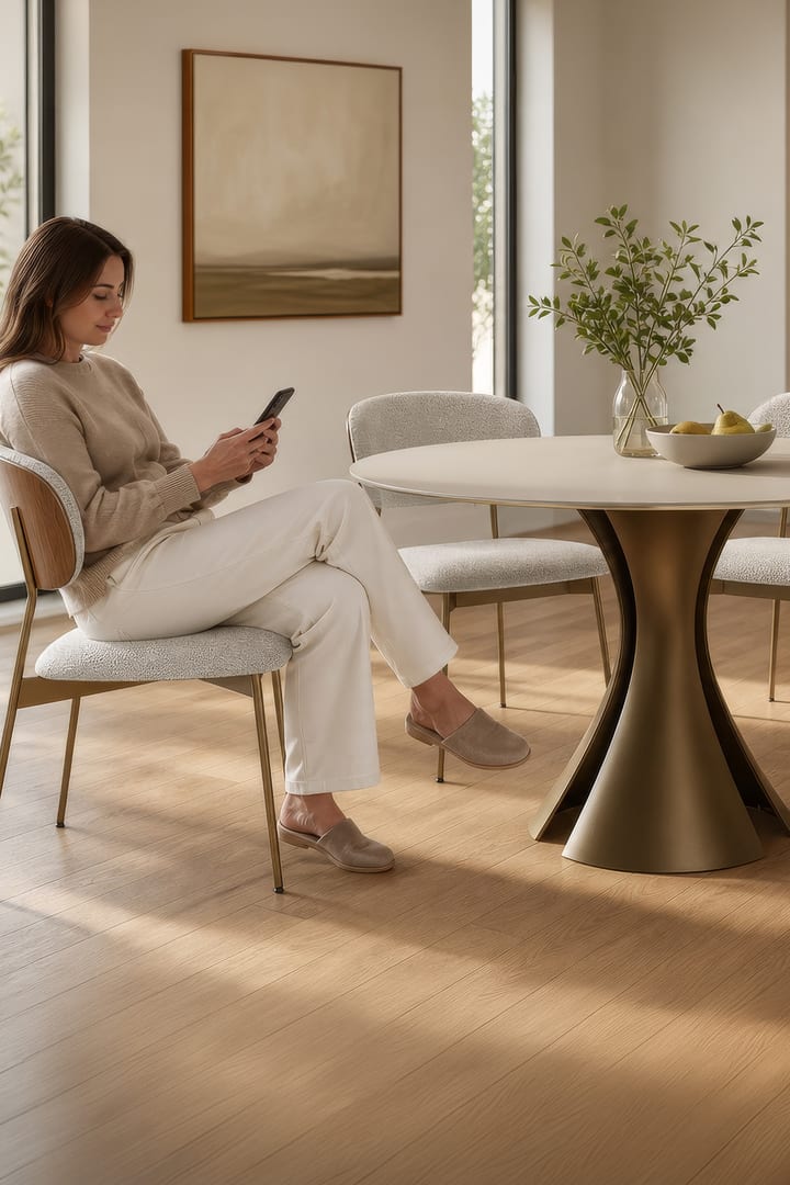 BDI Bloom 7720 48-inch round dining table with Oyster glass top and Bronze sculptural steel base in a modern dining setting.