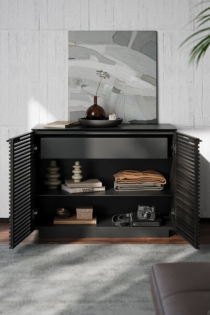BDI Corridor 8108 storage cabinet with both door open to reveal customizable storage.