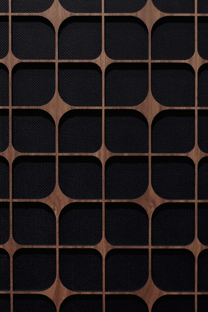 Close-up of the unique and precision-cut Constellation door pattern of an Elements media and storage cabinet by BDI Furniture.
