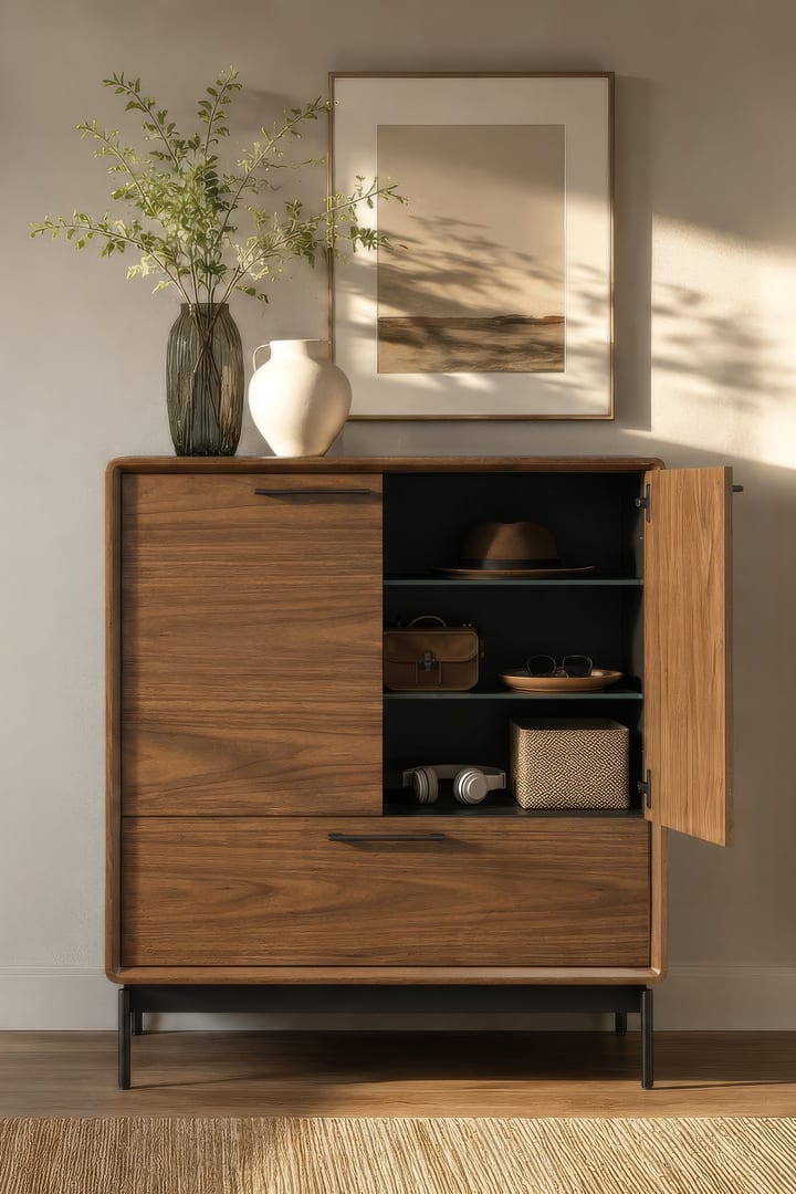 BDI LINQ 7585 walnut entryway cabinet with open door, adjustable shelves, and full-width storage drawer.