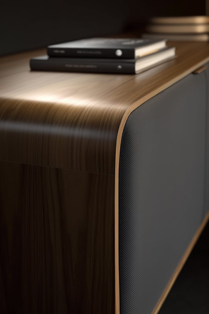 Detailed view of Plume’s Natural Walnut wood grain, softly rounded corner, and fabric-wrapped acoustic door.